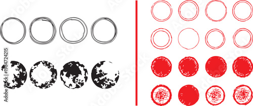 Set of hand drawn grunge circle frames and textured stamp icons in black and red vector illustration for graphic design