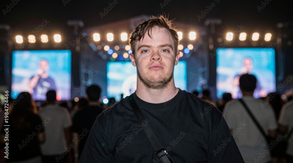 Fototapeta premium Young Man at Concert with Bright Stage Lights and Audience Behind