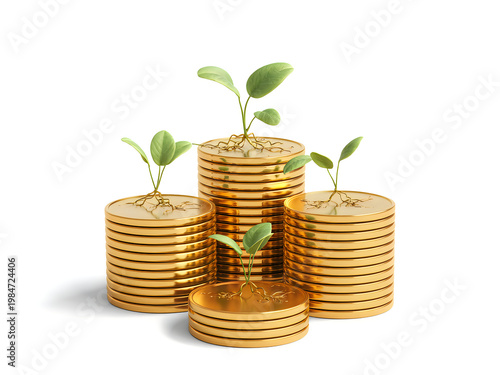 Golden coins with small green plants growing out showing financial growth concept