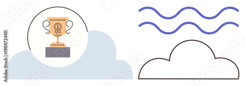 Achievement, aspiration, recognition, goal setting, cloud computing, personal success. Trophy on podium with cloud abstract design and wavy lines. Achievement and aspiration concepts