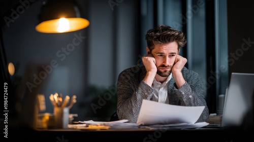 Worried man holding a credit report showing a low score in a quiet office