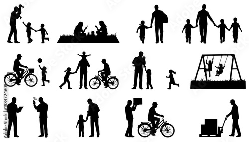 Set of 32 family silhouettes showing parents and children in various everyday activities: walking, playing, cycling, spending time together, and interacting. Includes dynamic and natural poses 