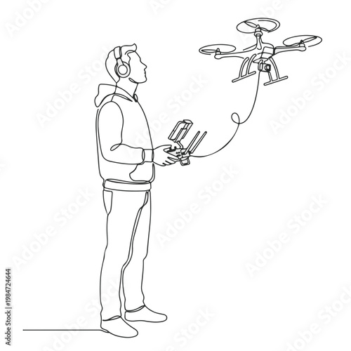 Man operating drone using a remote controller with line art