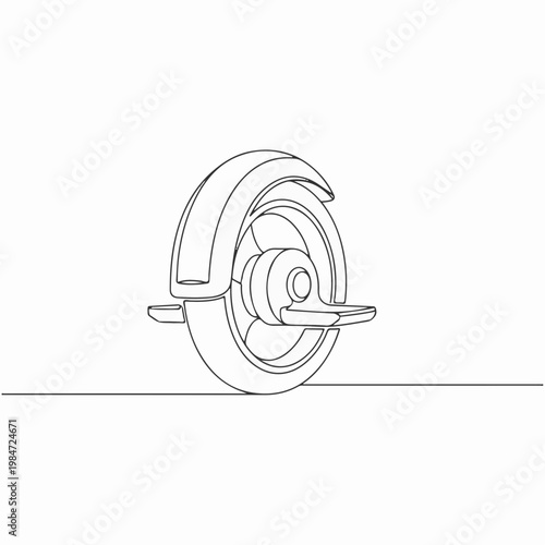 A one-wheel electric unicycle illustrated in a single continuous line. Minimalist art representing modern personal transportation