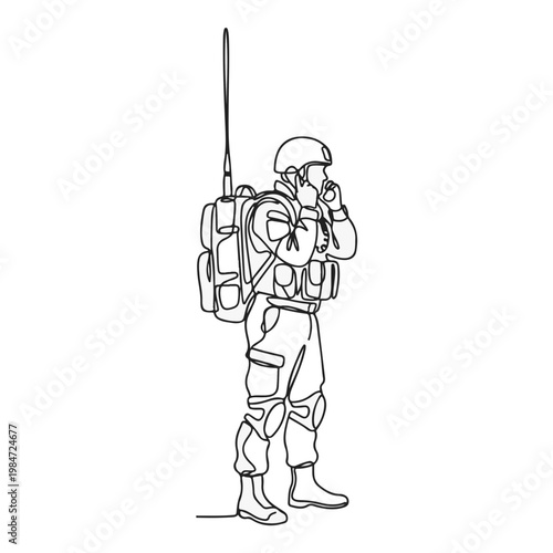 An illustration of a soldier in uniform, communicating using a radio device, highlighting courage and duty