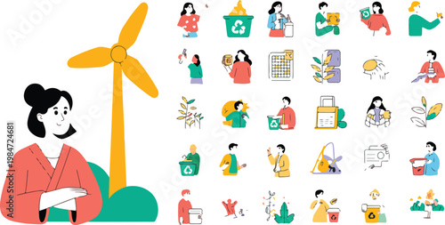 Ecology concept mega set with people scenes, alternative energy and nature protection, flat web design vector illustrations for marketing and social media