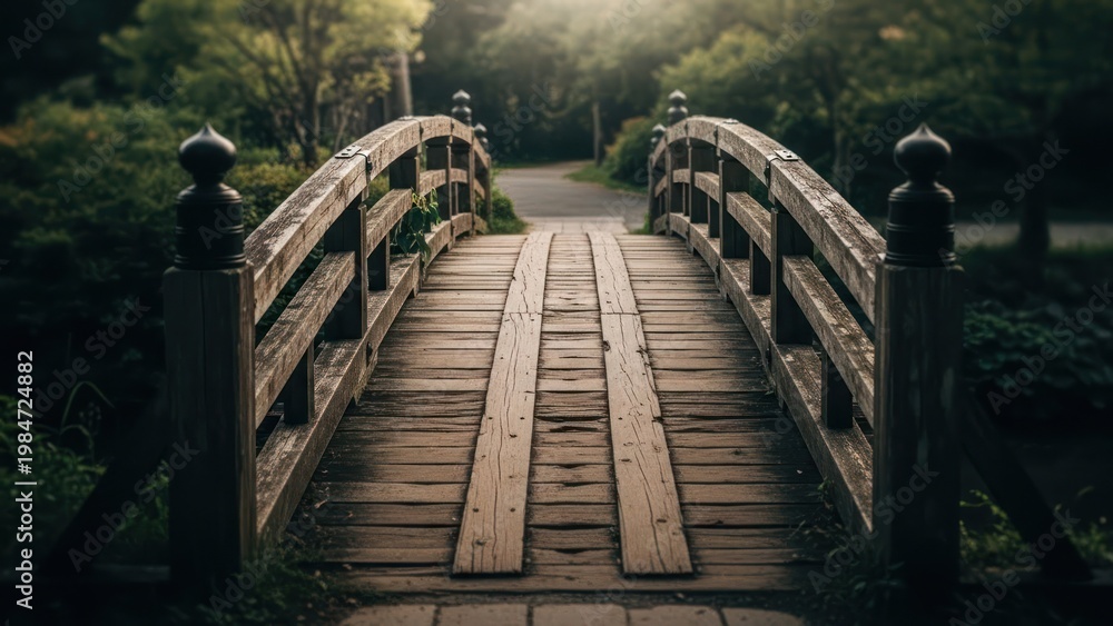 Fototapeta premium Wooden bridge spans path in lush garden, sunlight filters through trees