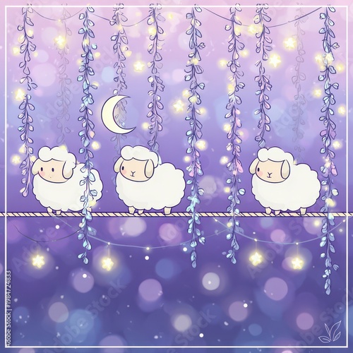 Three cute cartoon sheep sitting on rope under starry night sky with crescent moon