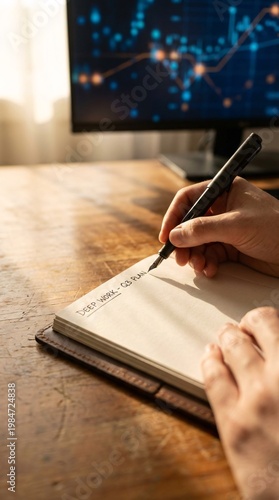 Close up of hand writing deep work q3 plan in notebook with fountain pen and data monitor background for business strategy concept