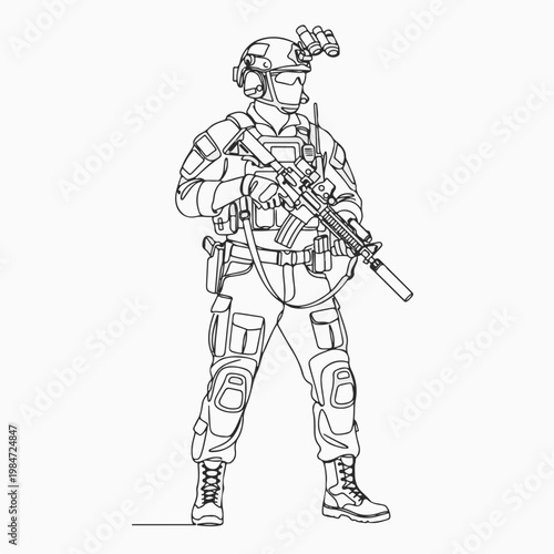 A soldier in combat gear stands at attention, prepared for duty. He is wearing a helmet and carrying a rifle