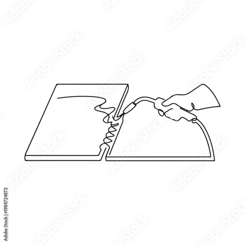 An illustration of welding process showing joining of two metal plates with a welding torch