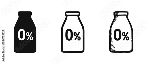Skimmed milk bottle icon set with zero percent sign in silhouette outline and hand drawn sketch style