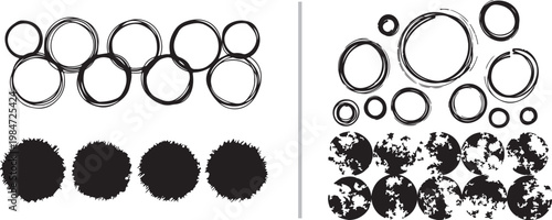 Set of hand drawn sketchy circles and textured ink blot graphic design elements vector illustration