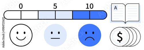 Customer feedback, user satisfaction, business analysis, rating system, financial evaluation, education tools. happy faces on a rating scale with book and dollar coins. Customer feedback and business