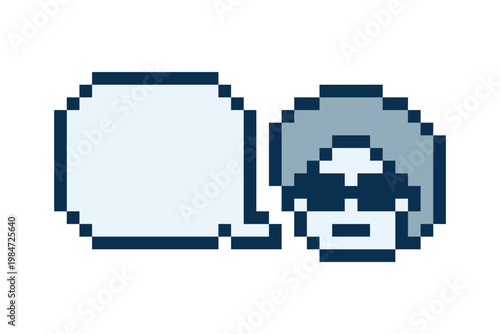 Cartoon cute man review , feedback , talk or chat box blank say speak 8 bit design.