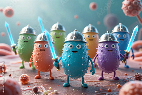 Good and friendly bacteria wearing helmets and armed with swords, guarding, protecting and defending the gut by fighting bad and harmful microbes and pathogens inside the body. Concept illustration.