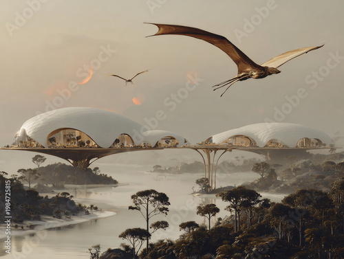 A surreal futuristic landscape with dome-shaped homes on a tropical river, massive curved architectural structures, a flying dragon, and a setting sun under a crescent moon, blending sci-fi and nature
