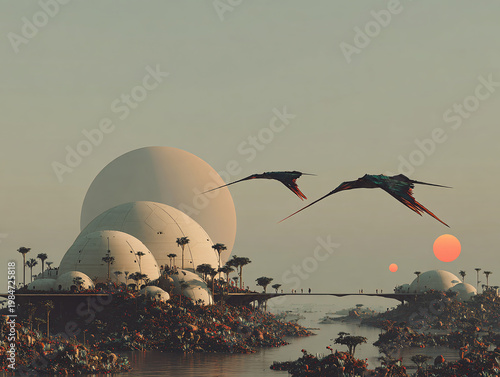 A surreal futuristic landscape with dome-shaped homes on a tropical river, massive curved architectural structures, a flying dragon, and a setting sun under a crescent moon, blending sci-fi and nature