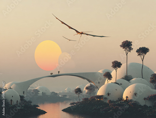 A surreal futuristic landscape with dome-shaped homes on a tropical river, massive curved architectural structures, a flying dragon, and a setting sun under a crescent moon, blending sci-fi and nature