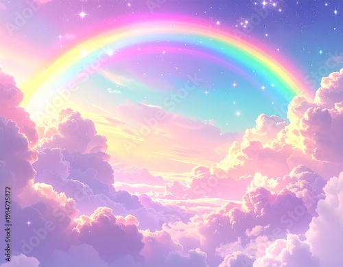 Pastel Rainbow Over Dreamy Cloudscape With Sparkling Stars and Soft Ethereal Background