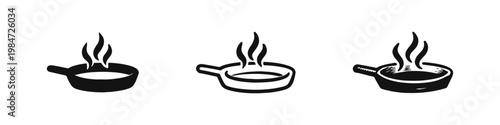 Hot Frying Pan with Steam Icon Set in Three Graphic Styles