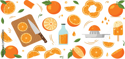 Orange fruit vector illustration set with whole sliced juicy citrus pieces juice bottle cutting board knife and fresh elements isolated on white background.