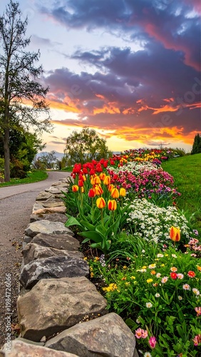 Flowerbed path w/ stone edging leads to bright sunset. Hillside garden full of colorful blooms