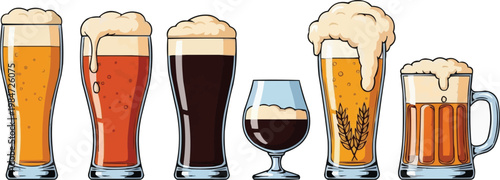 The image is a cartoon illustration featuring six different types of beer, each in its own distinct glass. 