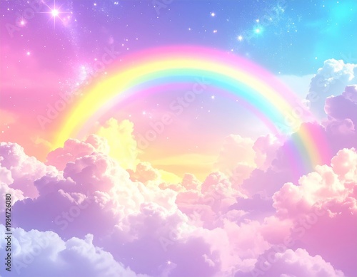 Pastel Rainbow Over Dreamy Cloudscape With Sparkling Stars and Soft Ethereal Background