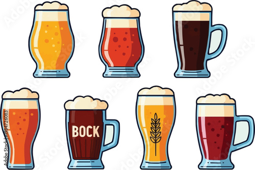 The image is a cartoon illustration of seven different types of beer, each in its own distinct glass.
