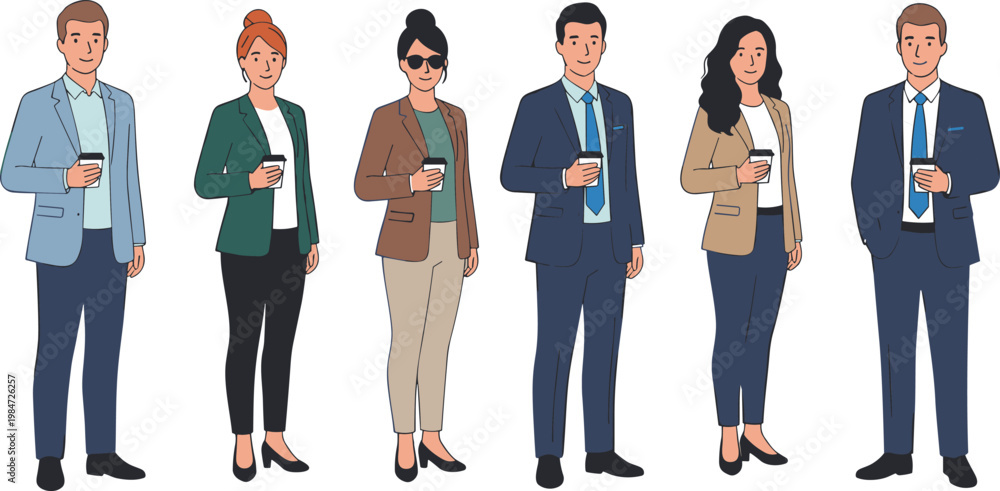 Obraz premium Diverse group of professional business people holding coffee cups standing in a row for corporate team and office culture concept flat vector.