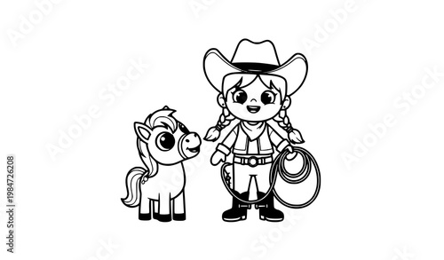 Cheerful black and white cowgirl and pony vector illustration in fun cartoon style