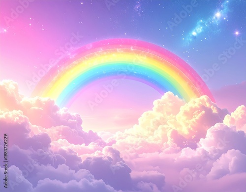 Pastel Rainbow Over Dreamy Cloudscape With Sparkling Stars and Soft Ethereal Background
