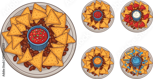 Nachos platter set with tortilla chips dips salsa and toppings vector illustration