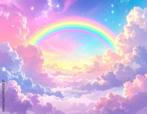 Pastel Rainbow Over Dreamy Cloudscape With Sparkling Stars and Soft Ethereal Background