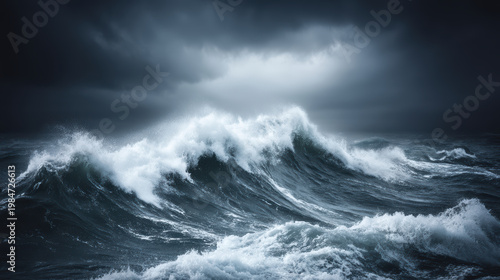 Terrifying dark storm sky over ocean wave creating tsunami threat with dangerous sea impact showing ominous weather destruction concept