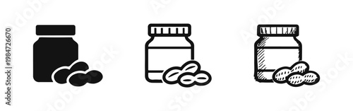 Peanut Butter and Nut Allergy Icon Set with Jar and Whole Peanuts