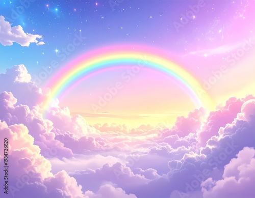 Pastel Rainbow Over Dreamy Cloudscape With Sparkling Stars and Soft Ethereal Background