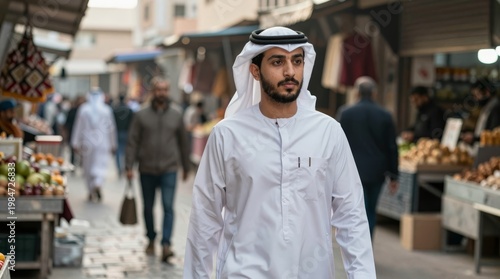 Traditional Emirati Man Walking Through Bustling Market Street