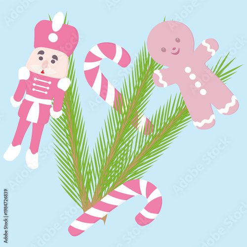 Christmas gingerbread soldier and caramel cane on a blue background.