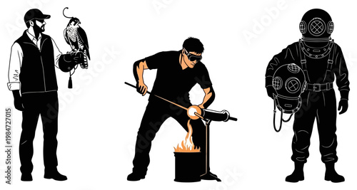 Silhouettes of diverse professions including falconry glassblowing and deep-sea diving against white