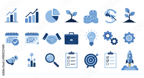 A comprehensive collection of blue-themed icons symbolizing business growth, startup success, financial strategy, and project management.