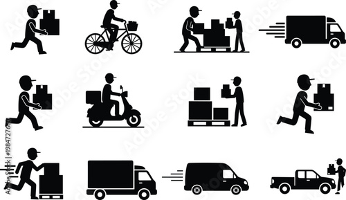 Delivery logistics silhouette icons, courier service transportation, package shipping vehicles, workers carrying boxes, fast distribution supply chain vector illustration design