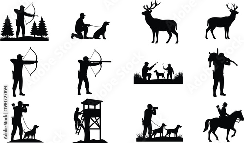 Hunting outdoor silhouette icons, archery rifle deer dog lookout tower binoculars horse rider, wildlife adventure vector illustration design
