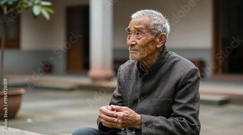 Elderly Man Reflecting in Traditional Setting with Subtle Expressions