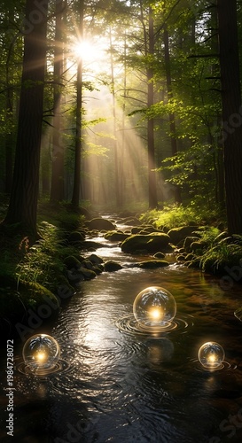 Enchanting Forest Stream with Glowing Orbs and Sunlight.