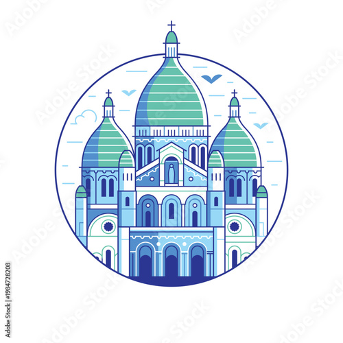 Paris landmark Sacre Coeur circle icon in line art