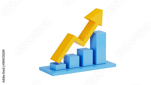 3D Blue Bar Chart With Yellow Upward Arrow Financial Growth Concept isolated transparent background