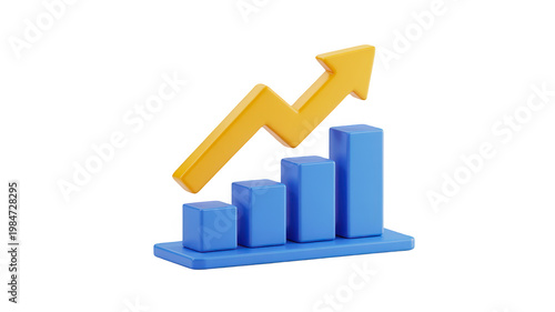 3D Bar Chart with Upward Arrow Glossy Render for Business Growth Success Analytics and Financial Data Visualization isolated on transparent background