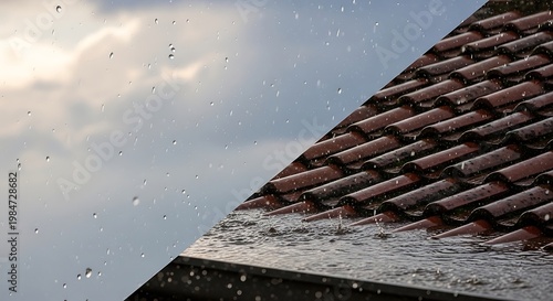 Rain falling on a tiled roof during a cloudy day.